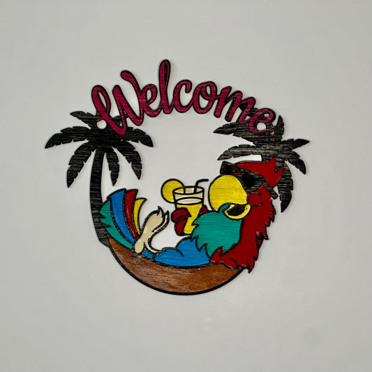 Layered Wood Parrot Hammock Welcome Sign
